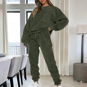 Dark Green Casual Women's Crew Neck Long Sleeve Top And Drawstring Pants Set